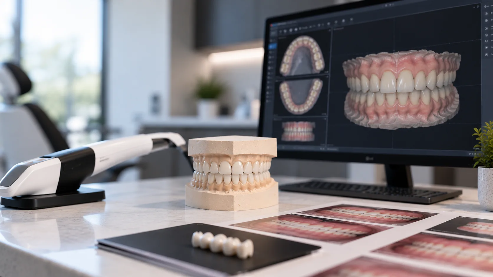 Digital full mouth rehabilitation planning at Q Dental in Champaign, IL: intraoral scanner, dental model, and 3D scan on screen